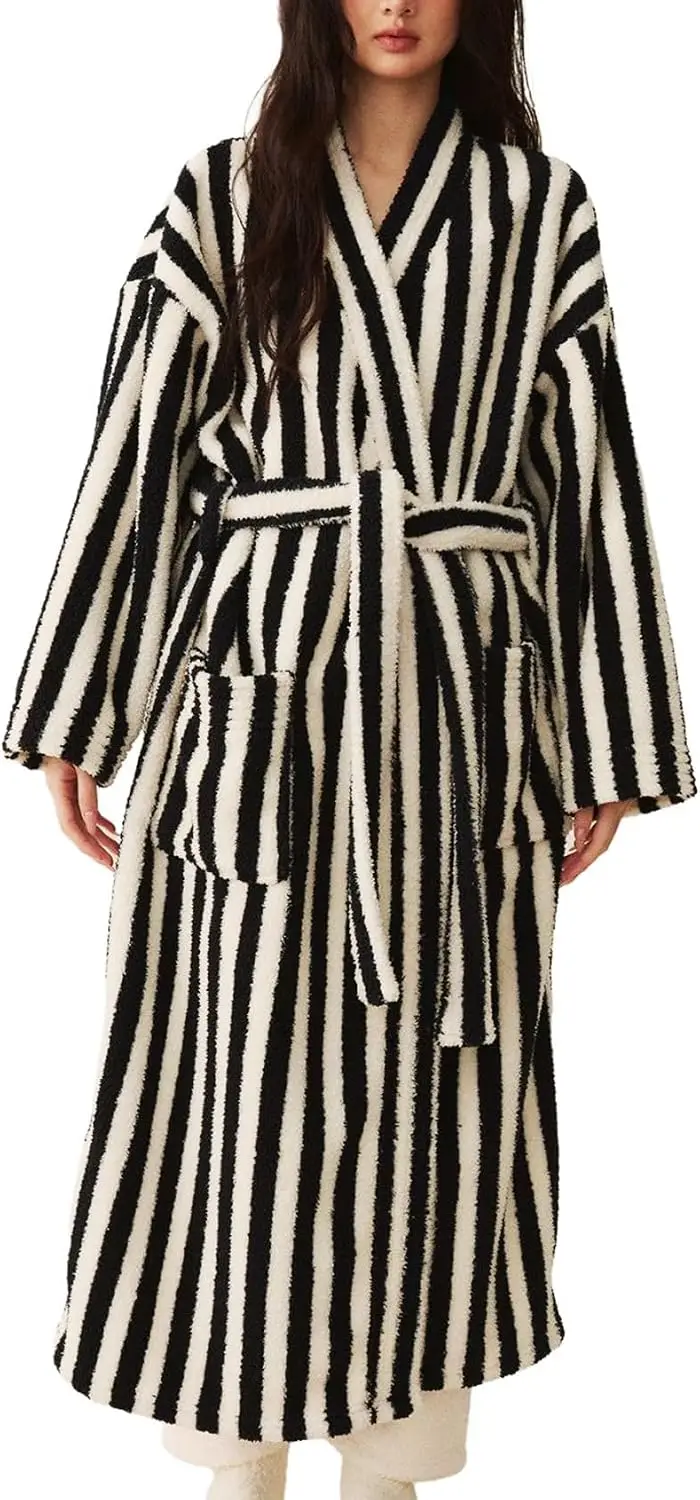 Womens Striped Fluffy Robe Long Plush Fuzzy Warm Bathrobes | Cozy Thick Loungewear, Maxi Robe, Color Block, Housecoat