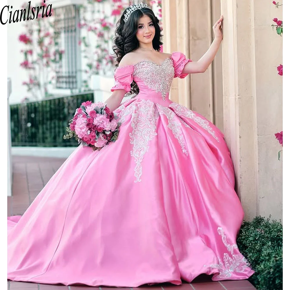 Rosa quinceanera vestido de baile 3d floral applique miçangas espartilho doce 16 vestidos de xv 15 anos