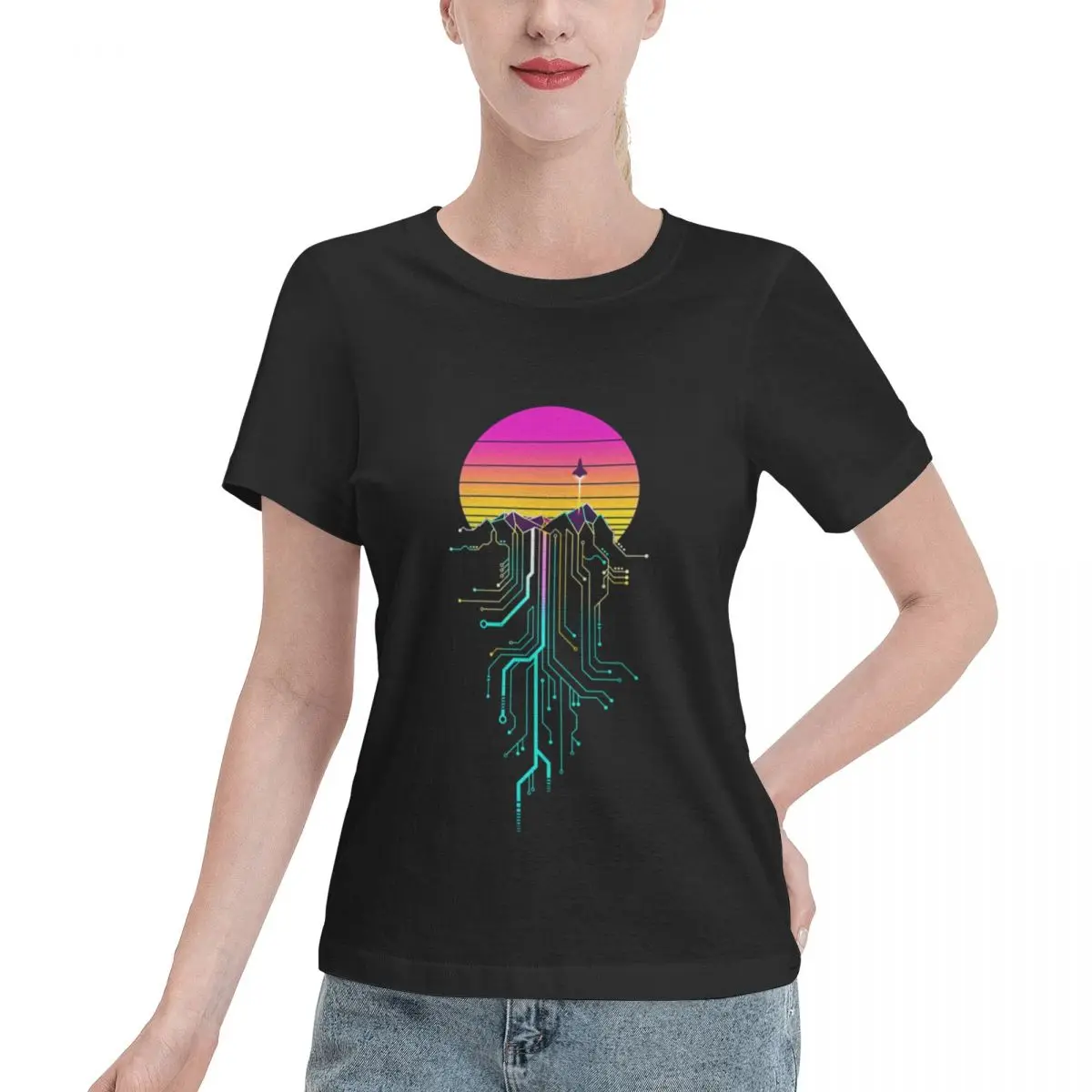 Affordable Synth Mountain Sunrise Women's T-shirt Hip Hop Women Daily Outfit Top