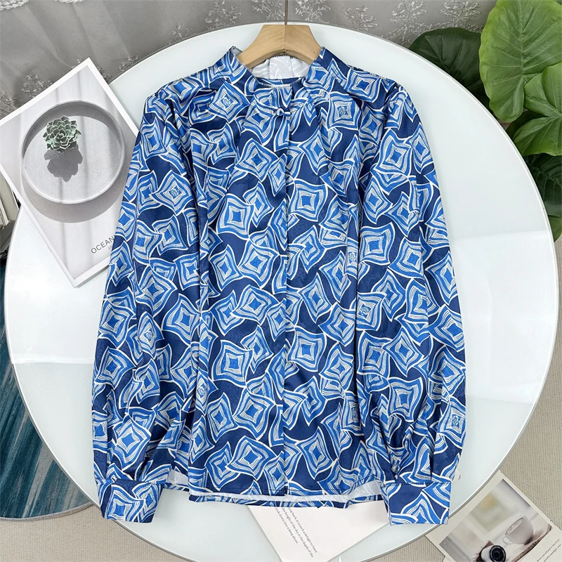 

Элегантная свободная рубашка с длинными рукавами и принтом, с высоким воротником, женская модная универсальная модель для ранней осени, новый стиль, повседневный шикарный топ