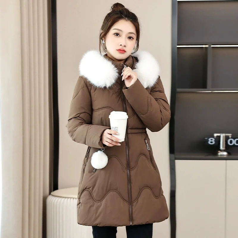 Fashion 2025 New Fur Hooded Down Jackets Women Clothes Cotton Padded Coat Warm Thick Long Parkas Winter Snow Puffer Jacket