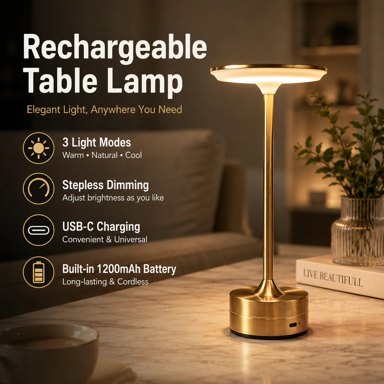 Cordless Rechargeable LED Table Lamp Touch Control Stepless Dimming 3 Colors Light For Bedroom Dining Home Indoor Use