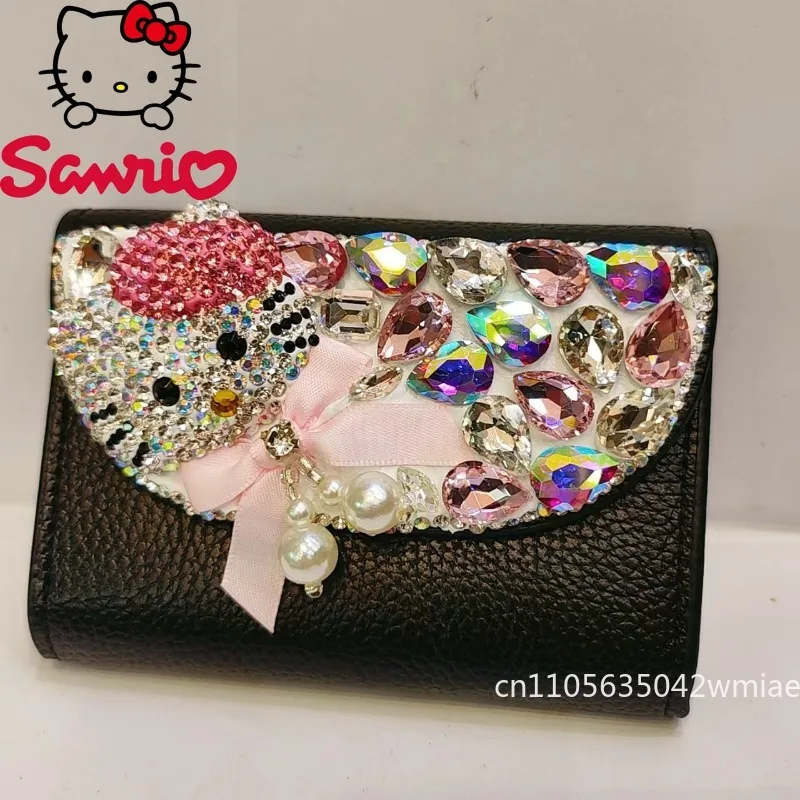 Hello Kitty New Women's Mini Wallet with Diamonds High-quality Short Coin Purse Black Versatile Banquet Lipstick Storage Bag