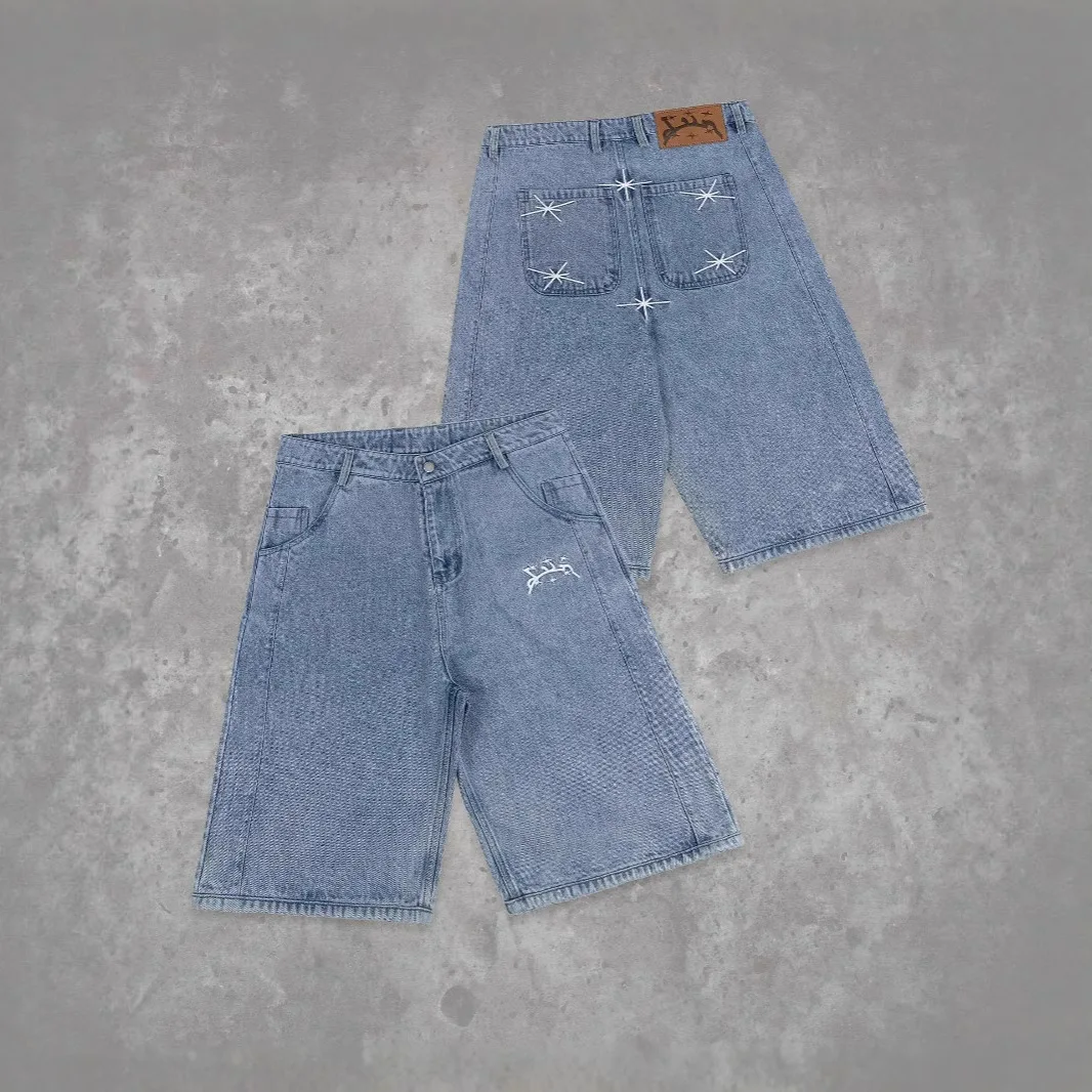 

Europe American Y2k Pattern Embroidery Straight-leg Wide-leg Denim Shorts Street Hip-hop Denim Shorts Loose Washed Capri Jeans