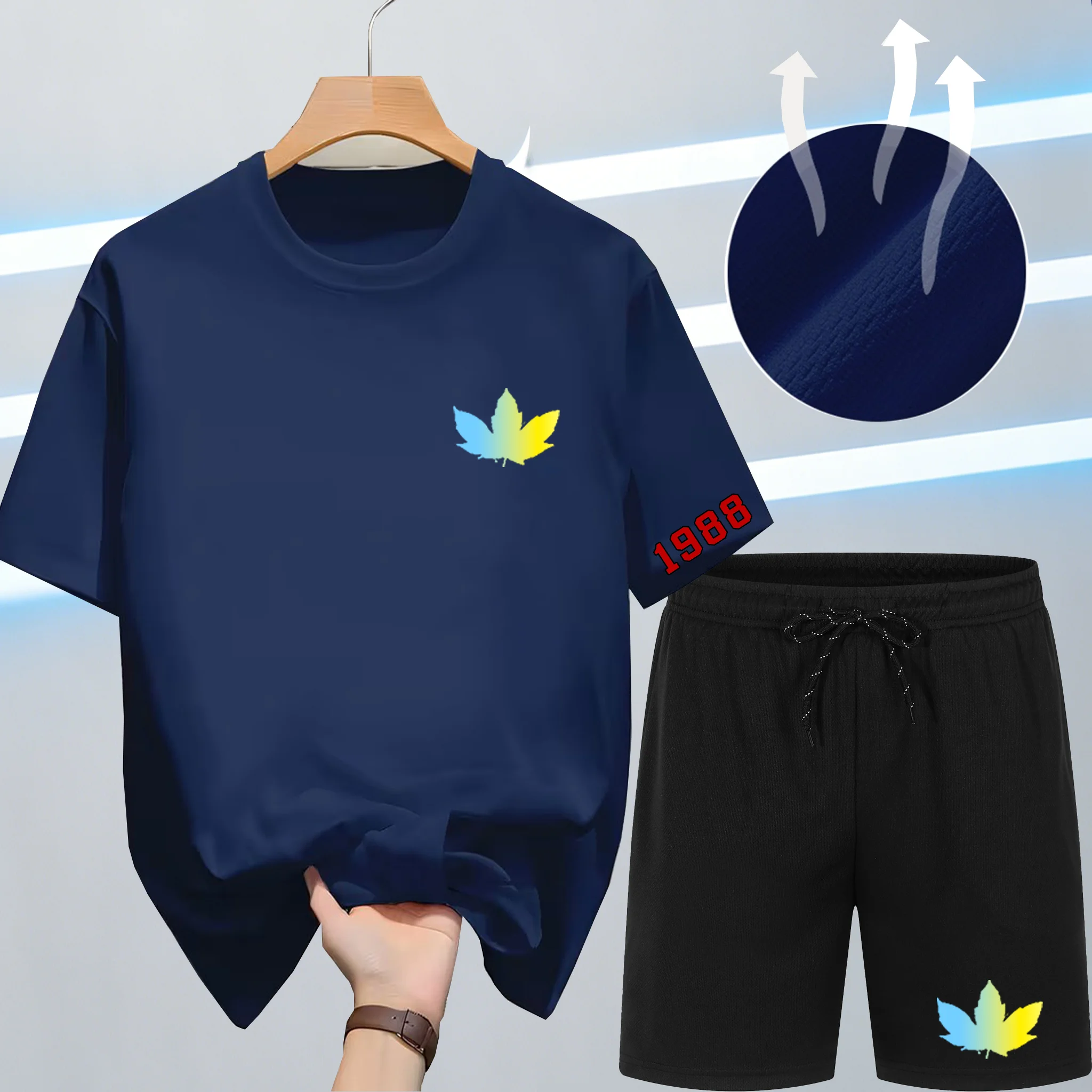 Summer Quick-Dry New Men's 2-Piece Fashion tracksuits Casual Breathable Short Sleeve maple leaf Print Sports T-shirt+Shorts Sets view 5