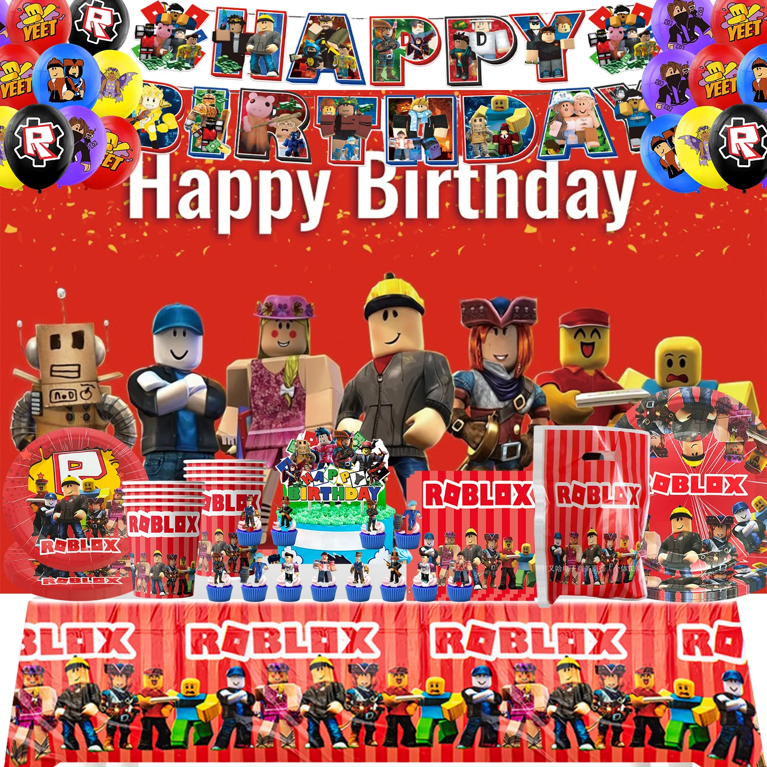 Roblox – décorations de fête d'anniversaire, fournitures de fête de célébration, bannière jetable, nappe, tasse, assiette, ensemble de réception-cadeau pour bébé