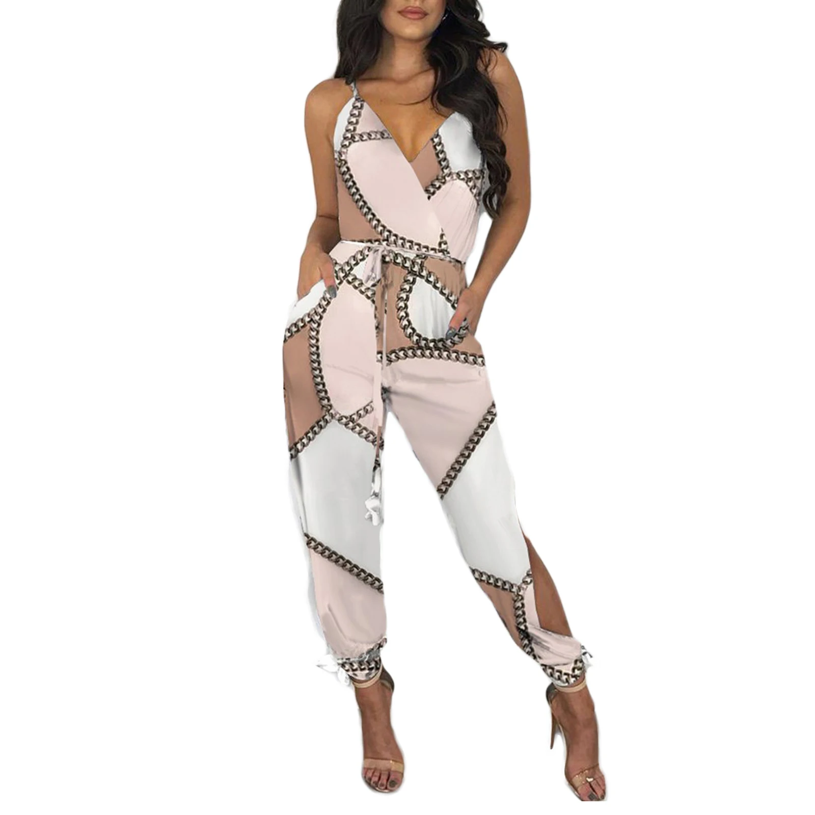 2023 Brand Summer Women's Sexy Jumpsuit Slit Design Peacock Feather Print Pattern Deep V Neck Sleeveless Overalls Belt Jumpsuit