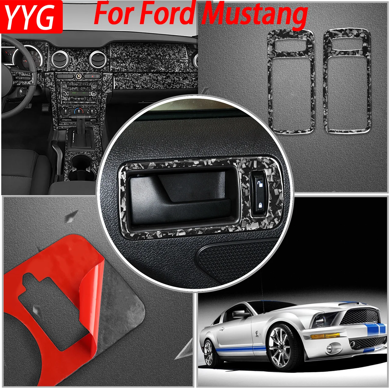 For Ford Mustang 2005-2009 Forged Carbon Fiber Car Door Handle Cups Panel Sets Decorative Car Interior Accessories Stickers