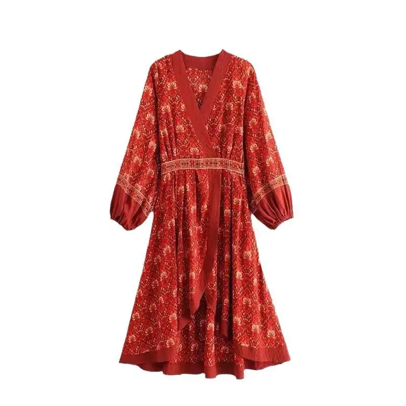 n Sle Maxi Dr Women's V-Ne Vintage Vaion Skirt Long Sve Polyester Elastic Waist Bell Bot Gown