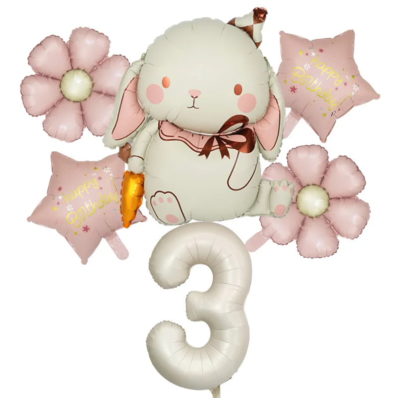 6 Stück Kaninchen Karotte Rosa Gänseblümchen Blume Stern Creme Zahl Ballon Set Mädchen Geburtstag Hochzeitstag Party Dekoration Babyshower – Detail 4