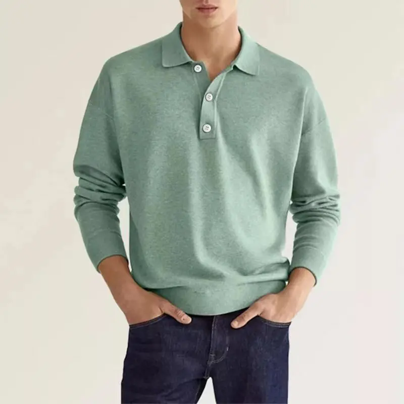 Men\'s Long Sleeve POLO Shirt Solid Color Lapel Button Office Commuter Business Casual Pullover Fashion Sports T-shirt S-3XL