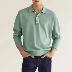 Men's Long Sleeve POLO Shirt Solid Color Lapel Button Office Commuter Business Casual Pullover Fashion Sports T-shirt S-3XL