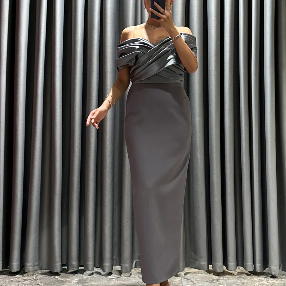 

Elegant Luxury Strapless Jersey Off the Shoulder Straight Backless Short Sleeves Ankle Length Zipper Back Evening Party Dress