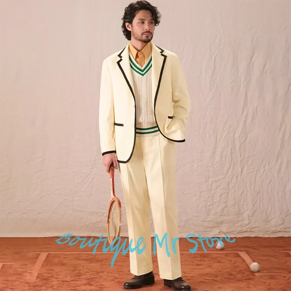 Smart Casual Ivory Men's Suit 2 Pieces Pants Set Single Breasted Blazer Preppy Style Jacket with Black Trim Vintage Daily Outfit