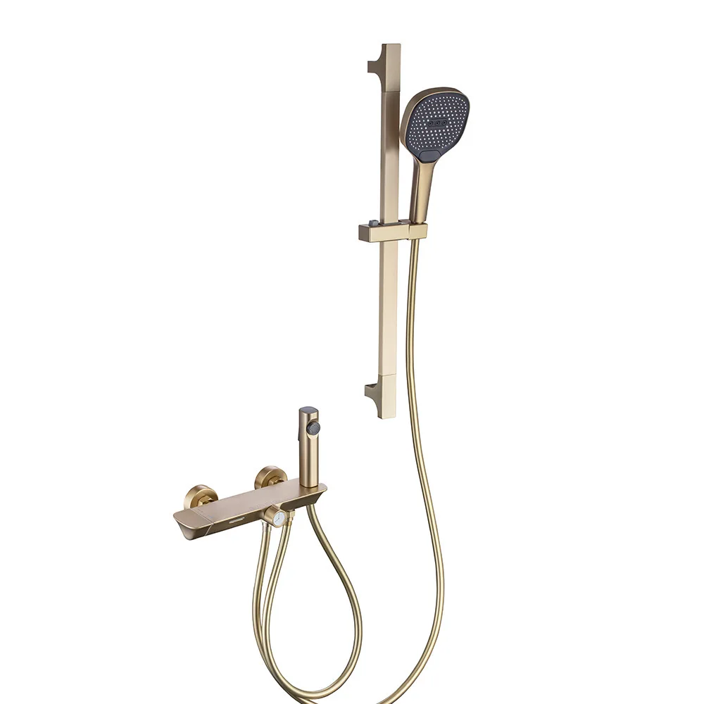 Brushed Gold Adjustable Shower Kit with Thermostatic Mixer Valve and Height Adjustable Bar With Bidet Sprayer