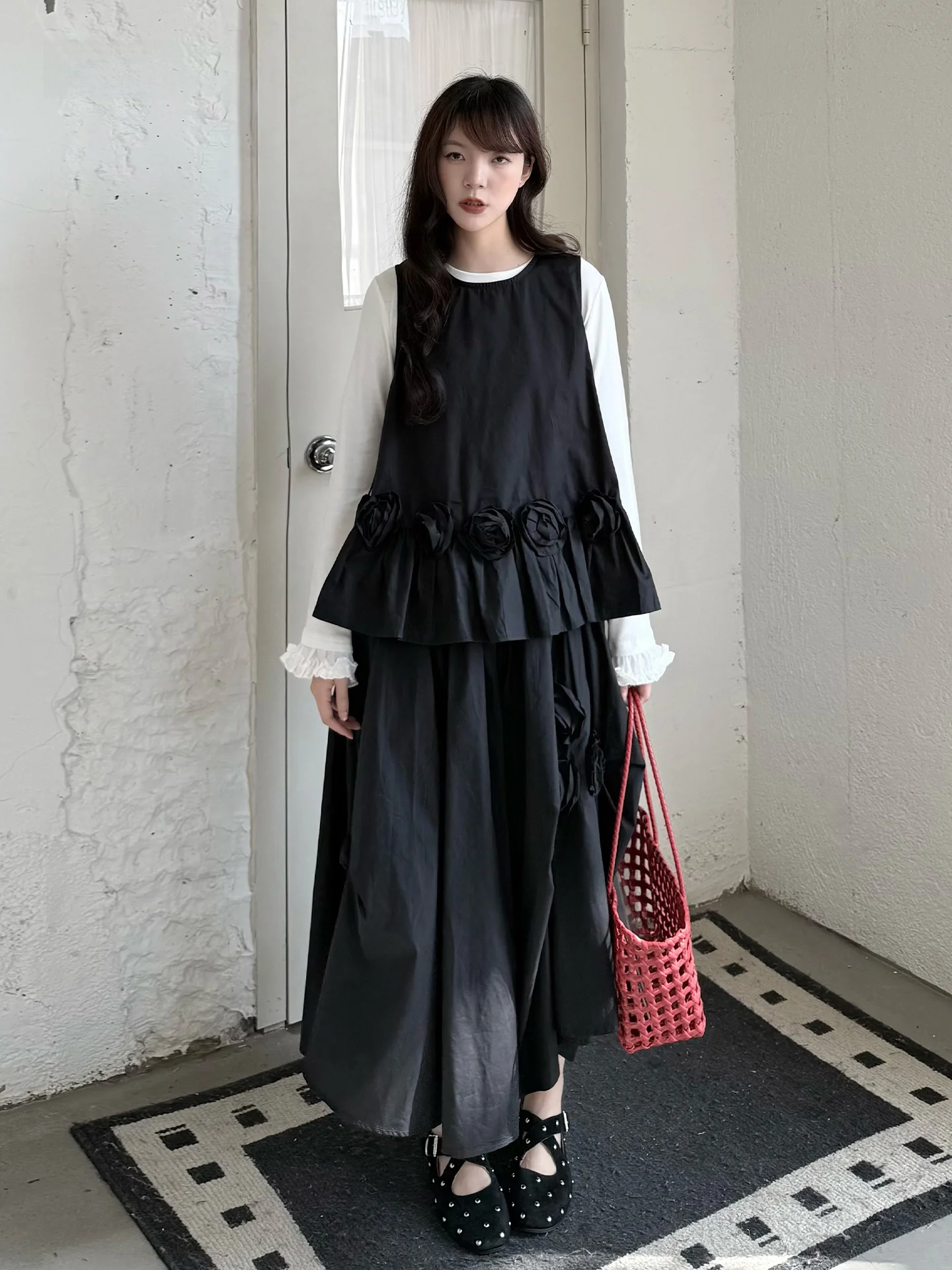 

Handmade Rose Flower Half-length Skirt Set Women's Fashion Spring Collection Long Sleeve Vest High-waist A-line Pleated Skirt