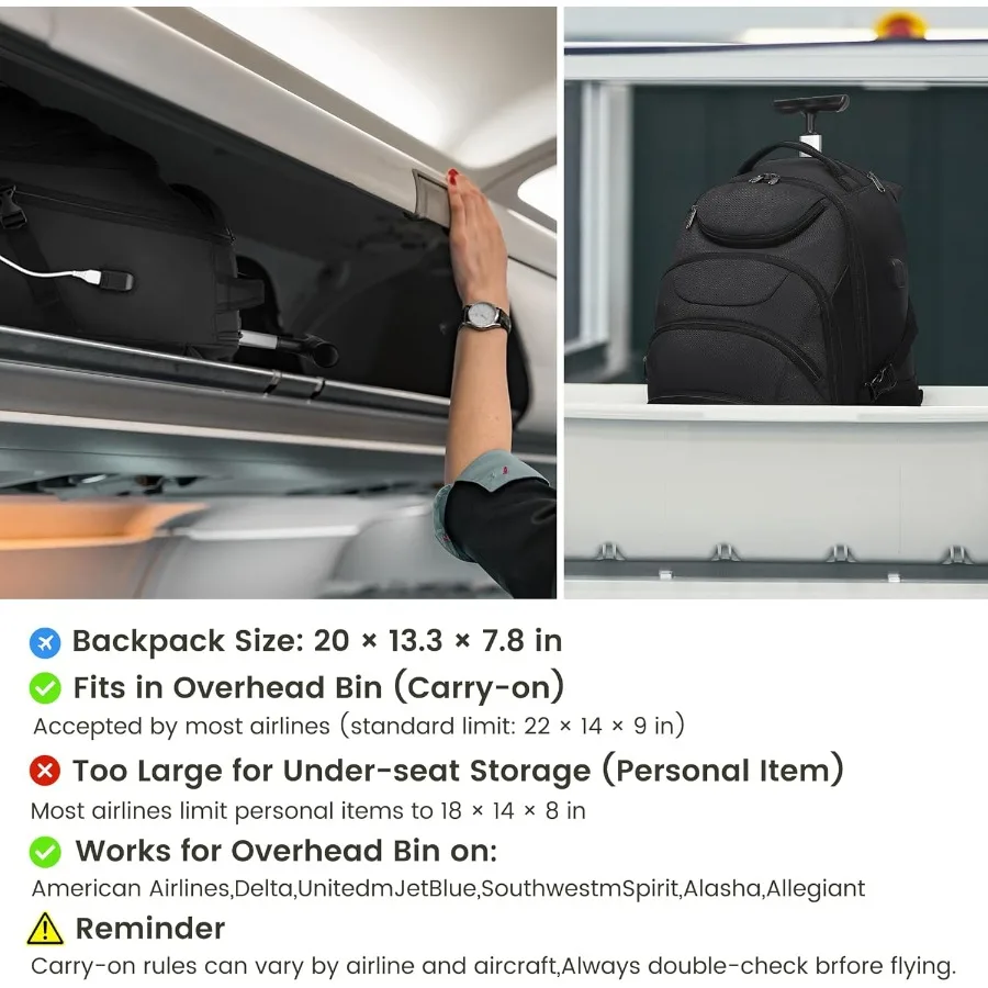 Boavan Rollrucksack, 17 Zoll, wasserabweisender Rucksack mit Rollen, Handgepäck, Business-Tasche, Übernachtungs-College-Computerwagen