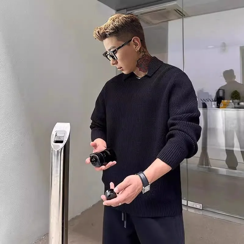 

Мужской свитер оверсайз из трикотажа, повседневный, с отложным воротником, удобный, свободного кроя, для зимнего сезона, модный брендовый