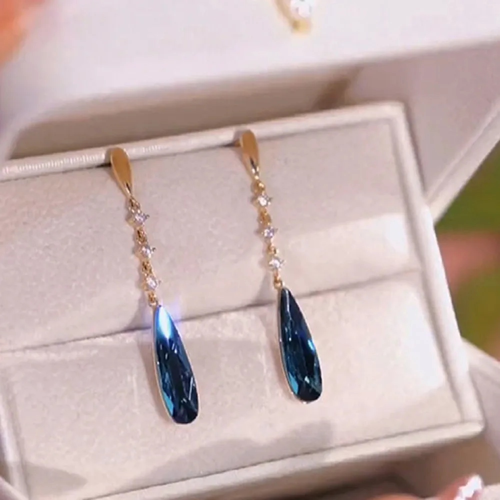 Trendy Shiny Blue Crystal Dangle Earrings For Women Fashion Simple Water Drop Pendant Earring Girl Party Wedding Jewelry Gifts