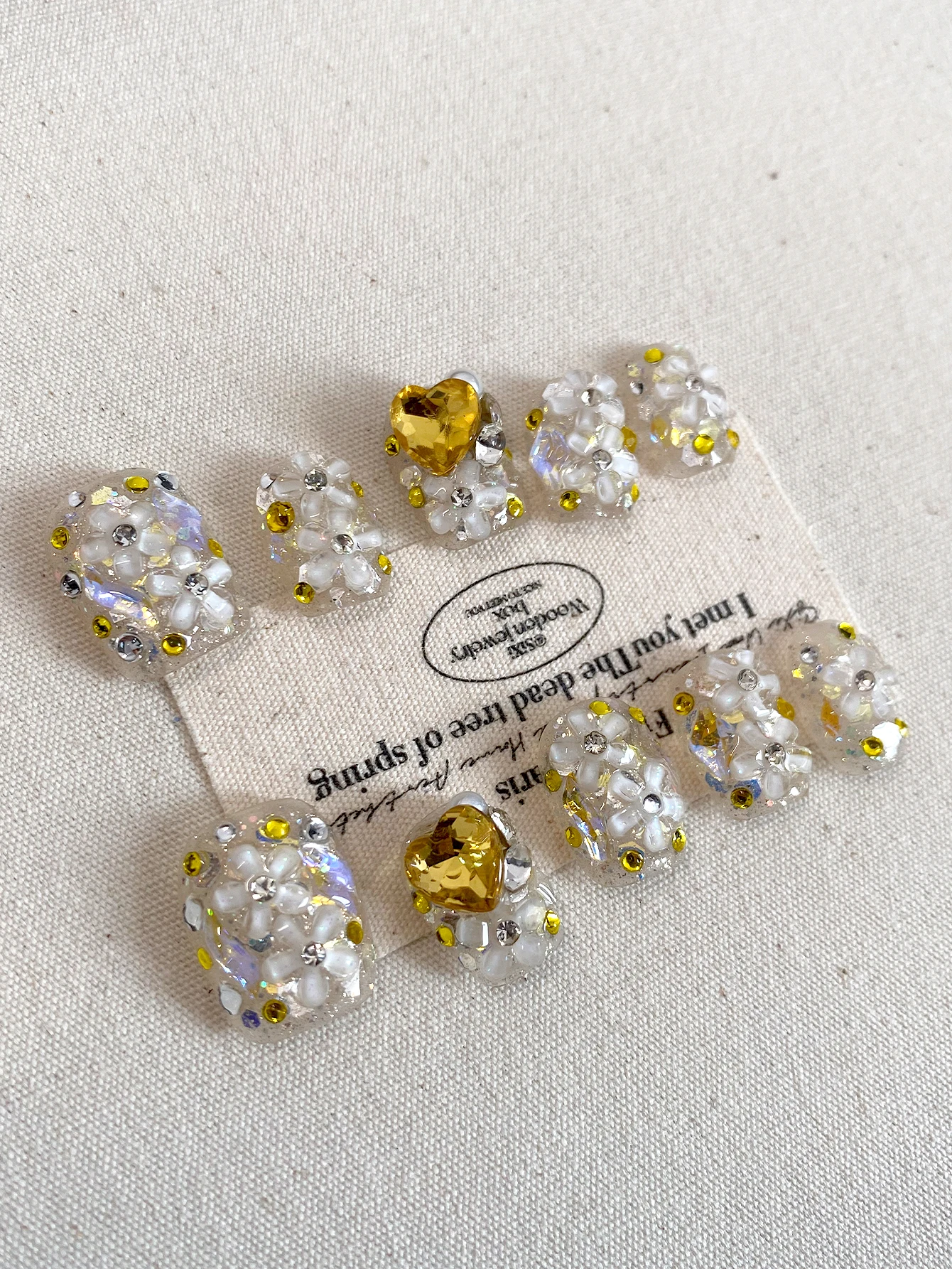 Sweet Floral Clear Press On Nails, Handcrafted Short Square Fake Nails, White 3D Flower, Large Yellow Heart Gem