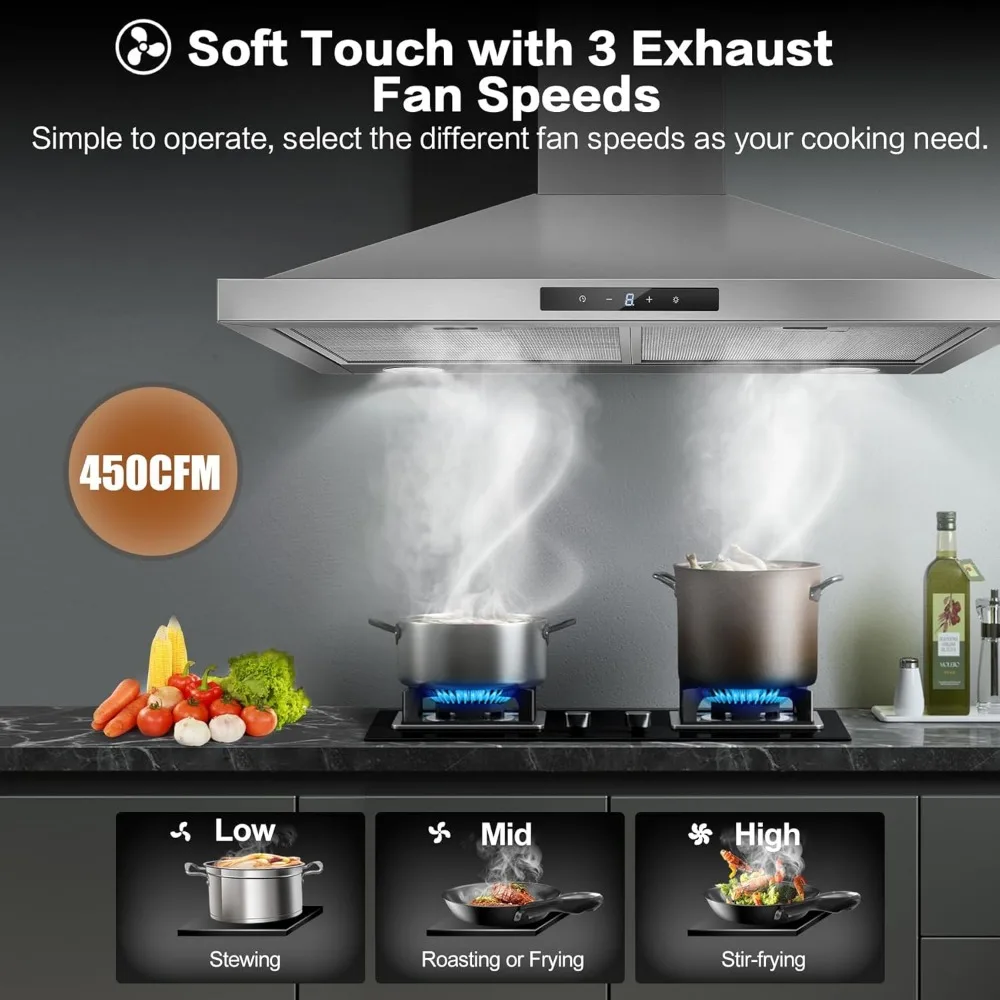 Range Hood 30 inch Stainless Steel, Wall Mount kitchen Hood Ducted/Ductless Convertible, Vent Hood w/ 3 Speeds, Touch Control