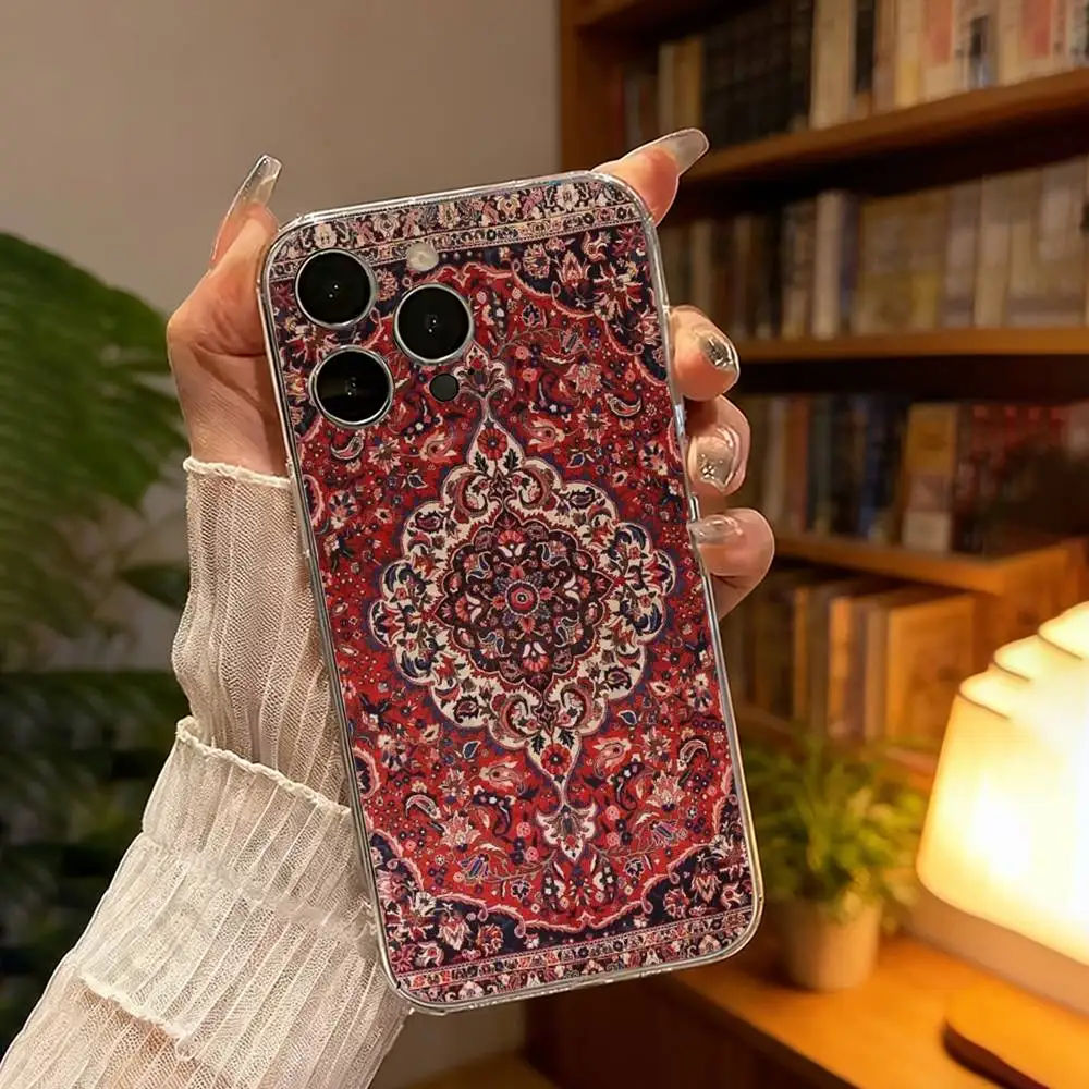 Persian Carpet Floral Pattern Phone Case for iPhone17,16,15,14,13,12,11,XR,Pro,Max,Plus,mini,Transparent Silicone Cover