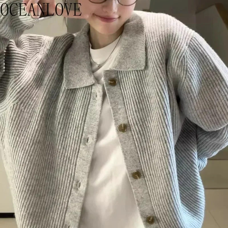 

OCEANLOVE Autumn Winter Clothes Woman Sweaters Grey Solid Preppy Style Cardigans Loose Vintage Casual Sueteres Mujer