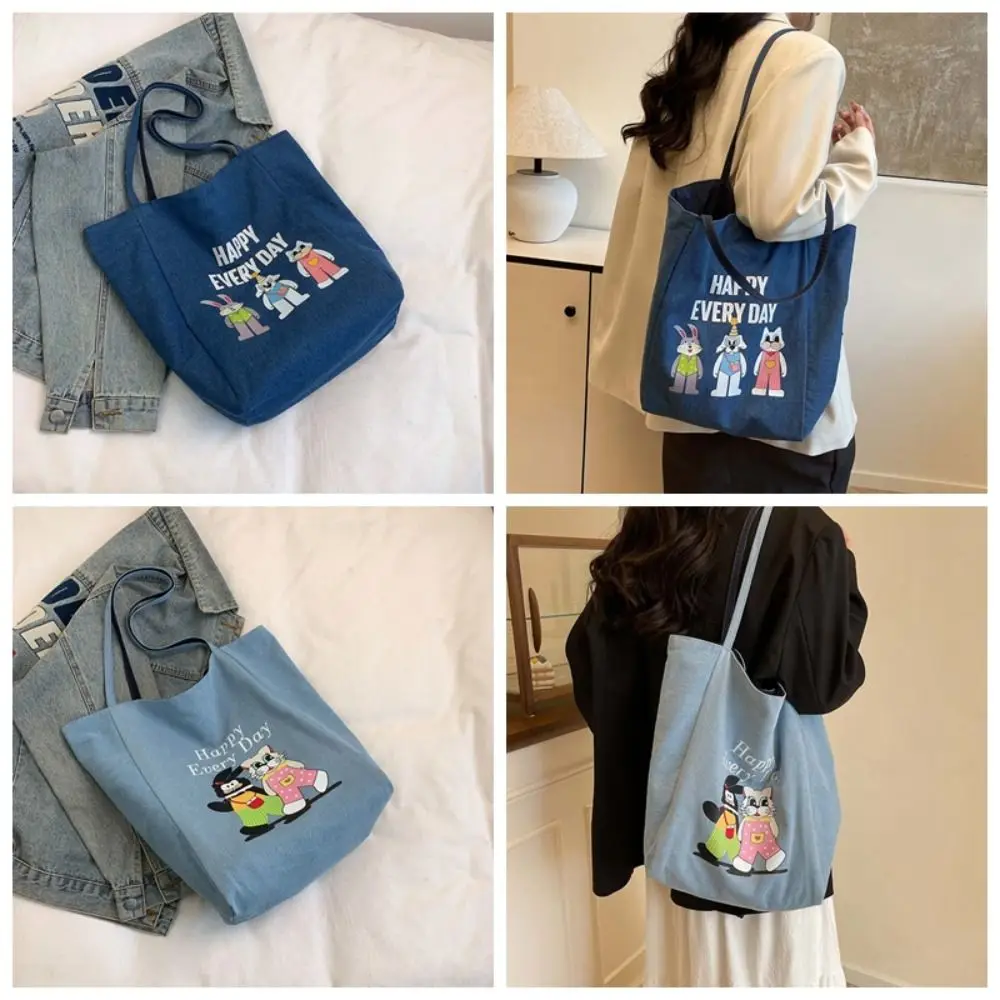 Borsa tote bifacciale con animali dei cartoni animati Borsa a tracolla leggera Borsa blu denim Borsa versatile in tela da donna in poliestere Primavera