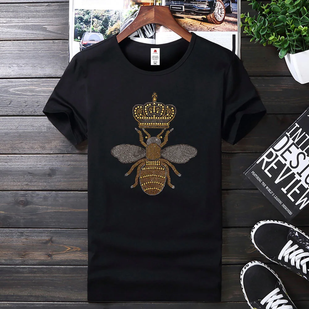 2024 New Arrivals Casual Female T shirts Women Crown Bee diamond T Shirts Fashion Beaded Black / white rhinestone Ladies T-shirt