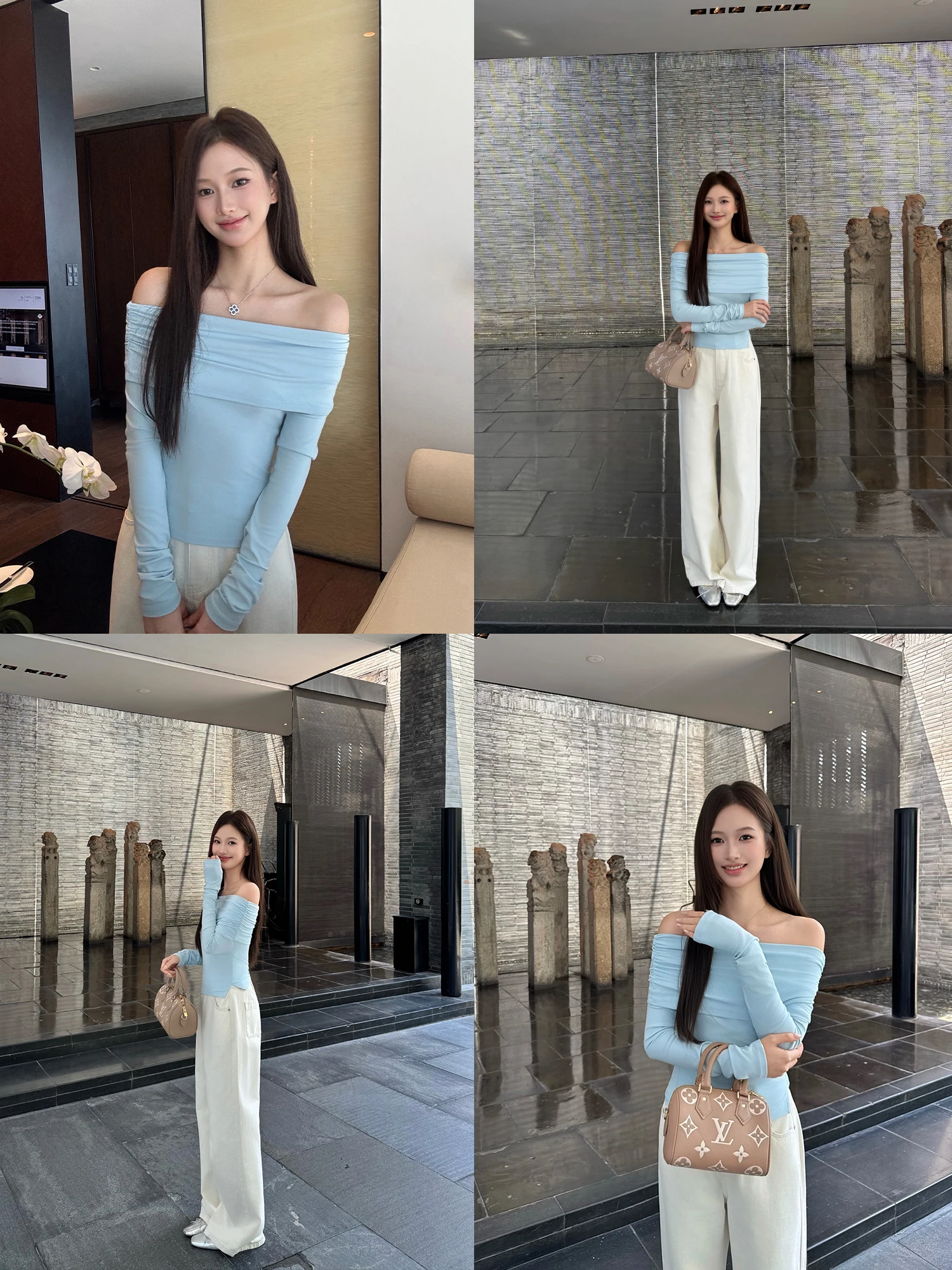 Blue Hour One-Shoulder Pleated Long Sleeve Knitted T-Shirt Women's Side Slit Design Sensation Shoulder Exposure Casual Style