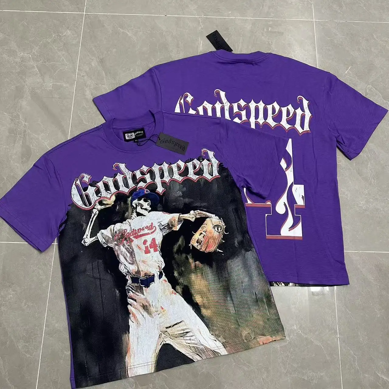 American Style Godspeed Skeleton Baseball Player Print Vintage Loose round Neck Heavyweight Pure Cotton T-Shirt Short Sleeve