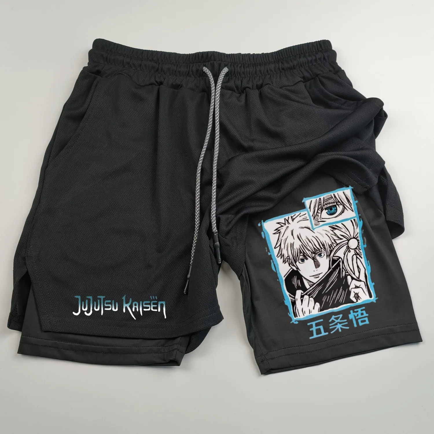 Anime Jujutsu Kaisen 2 in 1 Compression Shorts for Men Athletic Quick Dry Performance Shorts with Pockets Gym Workout Fitness