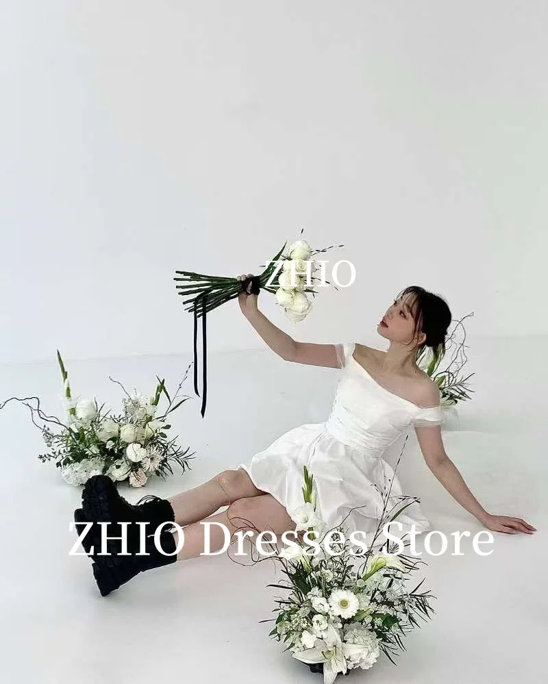 ZHIO シンプルなミニウェディングパーティードレス A ラインオフショルダー韓国写真撮影プリーツブライダルドレスコルセットカスタマイズ