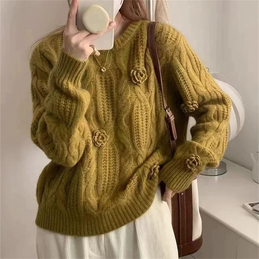 

Осень-зима популярный короткий свободный свитер с круглым вырезом высокого качества винтажный вязаный свитер с вышивкой в стиле ретро корейский свитер женский толстый топ