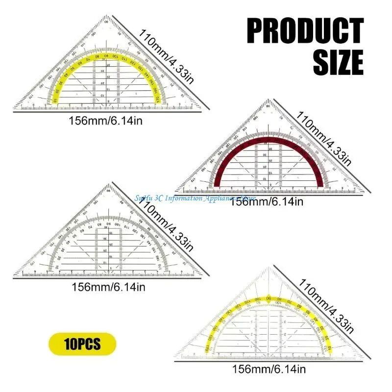 10 قطعة أداة هندسية مربعة مدمجة 180 درجة منقلة مسطرة صياغة الرياضيات