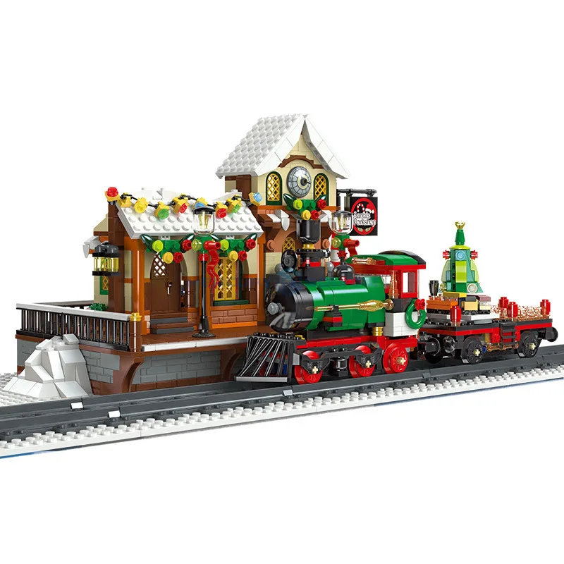 Christmas Steam Train Railway Station Model Blocks MOC 89142 Transportation Buliding Bricks Ideas Festival Toy Kit for Xmas Gift