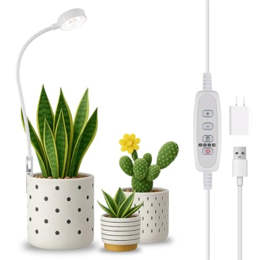 Grow Light, Pot Clip LED Growing Lamp for Indoor Succulents Pot Mini Small Plants, 6000K White Full Spectrum with 5-Level Dimma