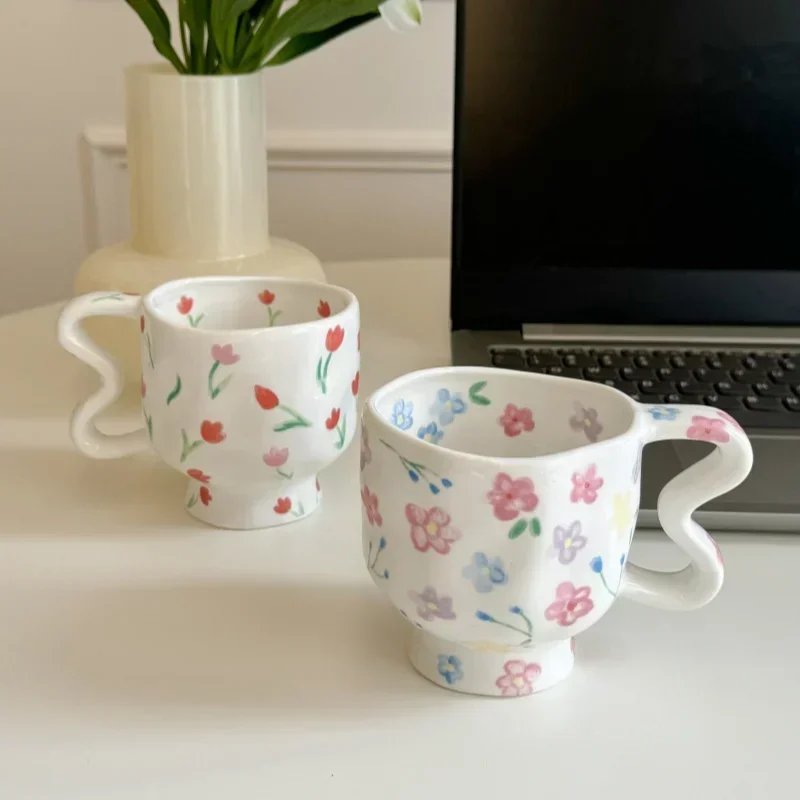 

Flower Pattern Ceramic Mug High Footed Cup Irregular Handle Breakfast Milk Coffee Cups Afternoon Tea Mugs Table Ornament Gifts