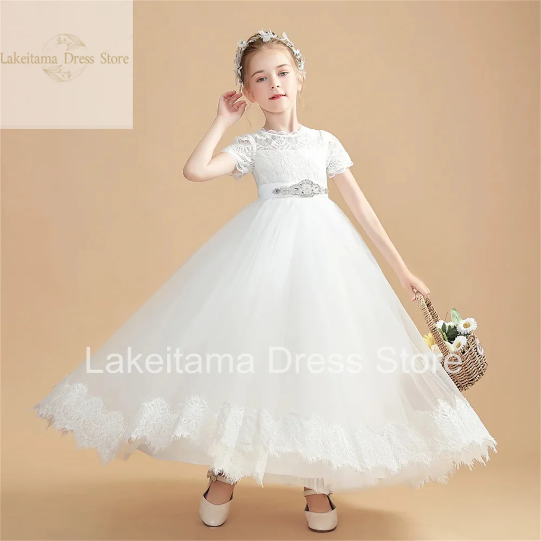 

Lace Tulle Flower Girl Dress For Wedding Short Sleeves Princess Kids Birthday Party First Communion Ball Gowns 2024 New