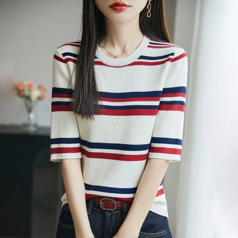 2026 100 Cotton Short Sleeve Tee Women Slim Fit Striped Knit Round Neck Half Sleeve Base Shirt Tartan Inner Top fashion Casual..