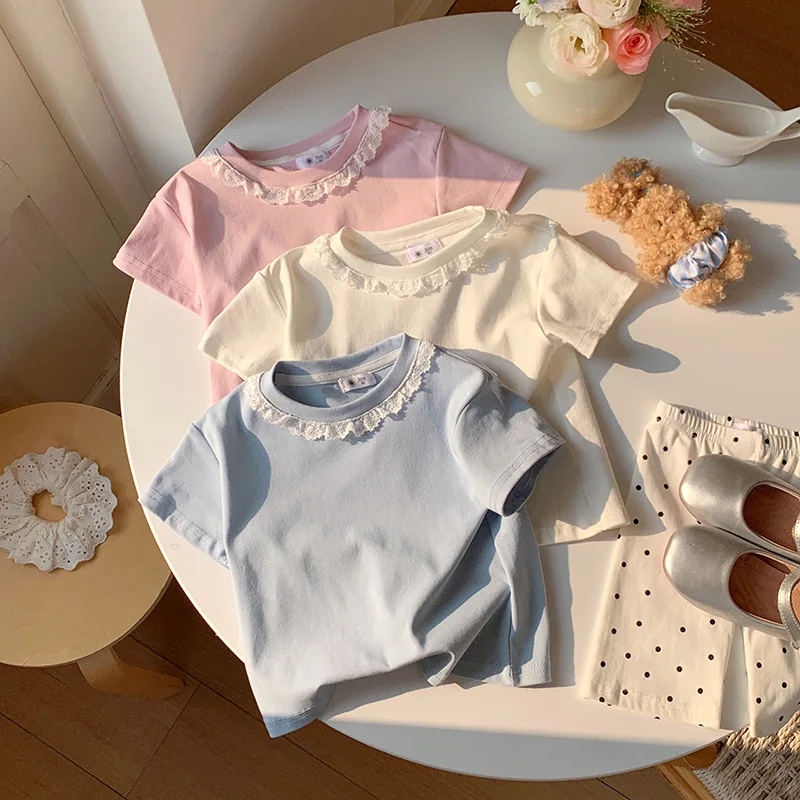 

Summer Girls Lace T-shirt Kids Loose Casual Solid Color Short Sleeves Crewneck Tops Baby Girl Cotton Tees Kids Clothes 1-6Years