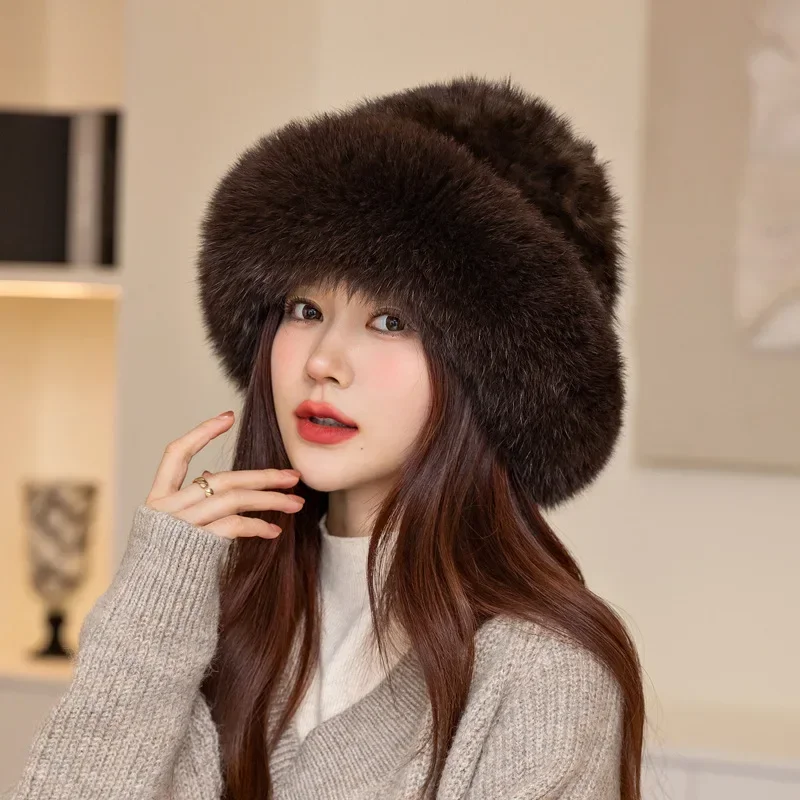 

Purple Sable Hair Fisherman Hat Autumn and Winter Warm Ear Protection Fox Fur Edge Fur Hat Mink Hair Pot Hat Mink Skin