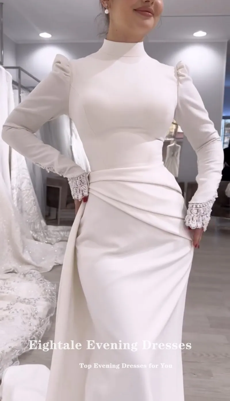 Vestido de novia árabe de Eightale, vestido de novia de encaje de cuello alto de color marfil personalizado, vestido de fiesta de novia de sirena musulmana de manga larga