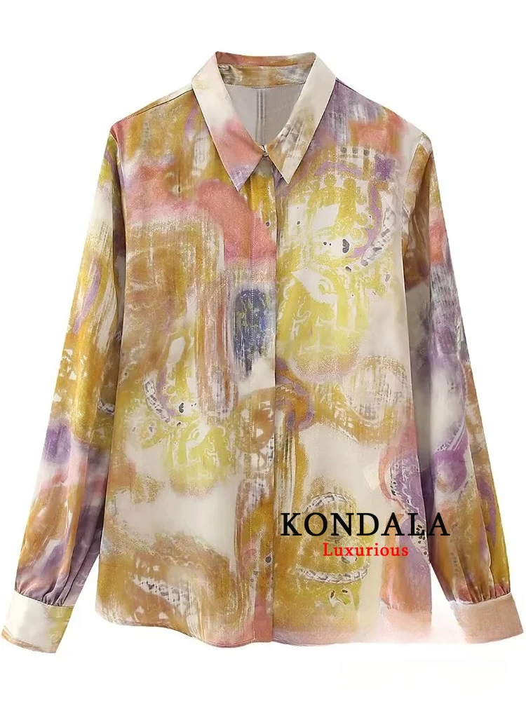 KONDALA بلوزة نسائية كلاسيكية مطبوعة غير رسمية بأكمام طويلة وياقة مقلوبة بلوزة فضفاضة واحدة الصدر موضة 2024 قمصان صيفية