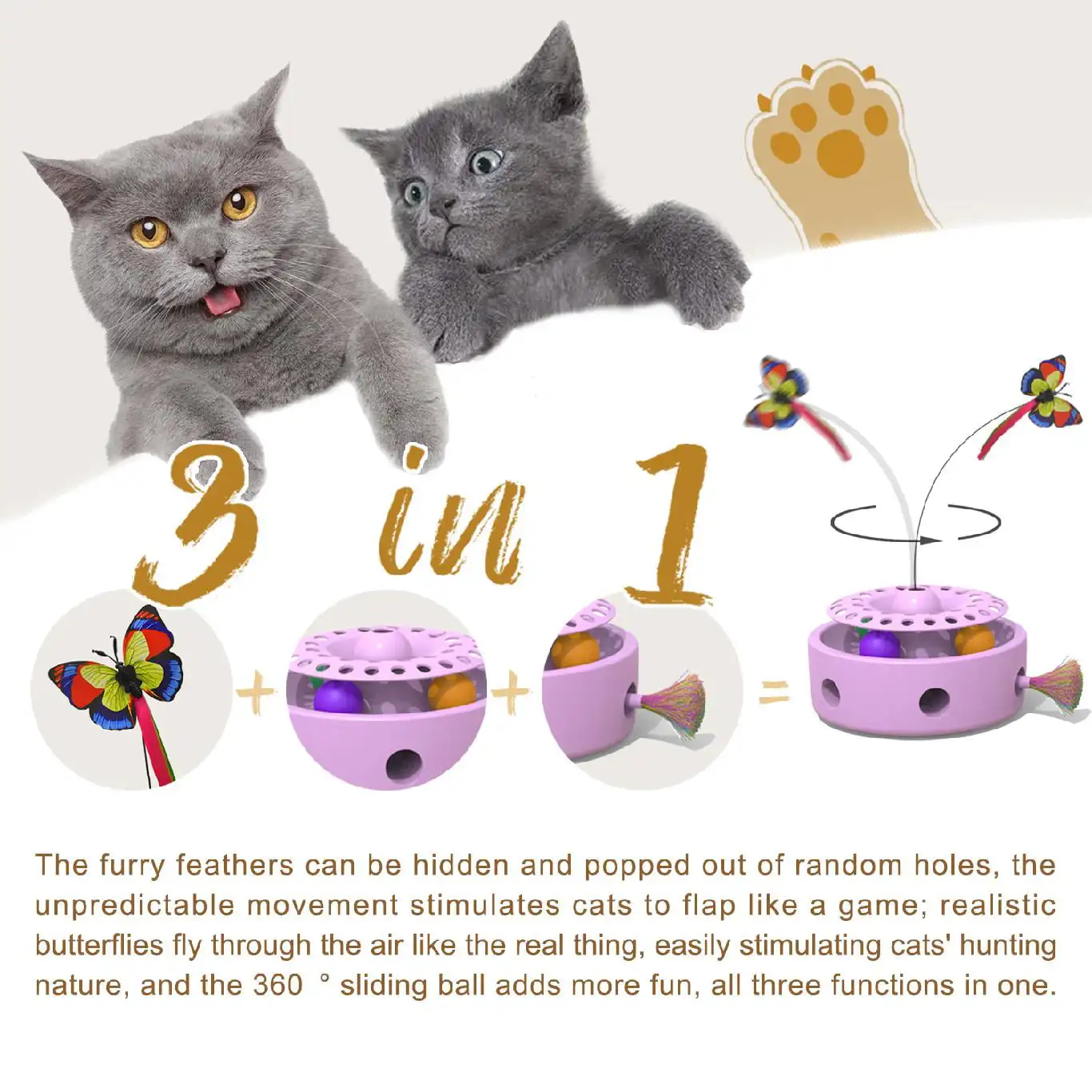 Cat Toys 3-in-1 Smart Interactive ElectronicToy, Fluttering Butterfly, Ambush Feather,Battery Powered, Indoor Exercise Cat Toy