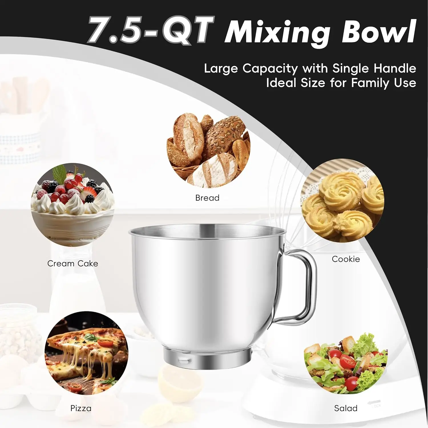 خلاط كيتشن إيد برأس مائل 900 وات 7.5 كوارت 6 سرعات خطاف عجين أسود خفق خبز خلط أجهزة المطبخ المنزلية