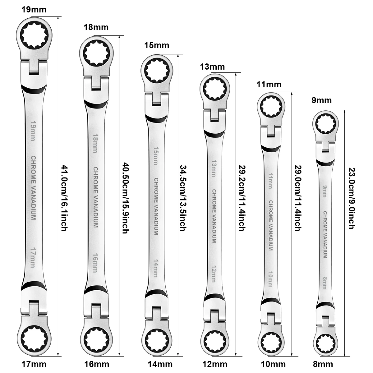 Conjunto de chaves catracas extra longas Flex-Head, chave de 72 dentes, caixa dupla, aço cromado vanádio, métrico 8mm - 19mm