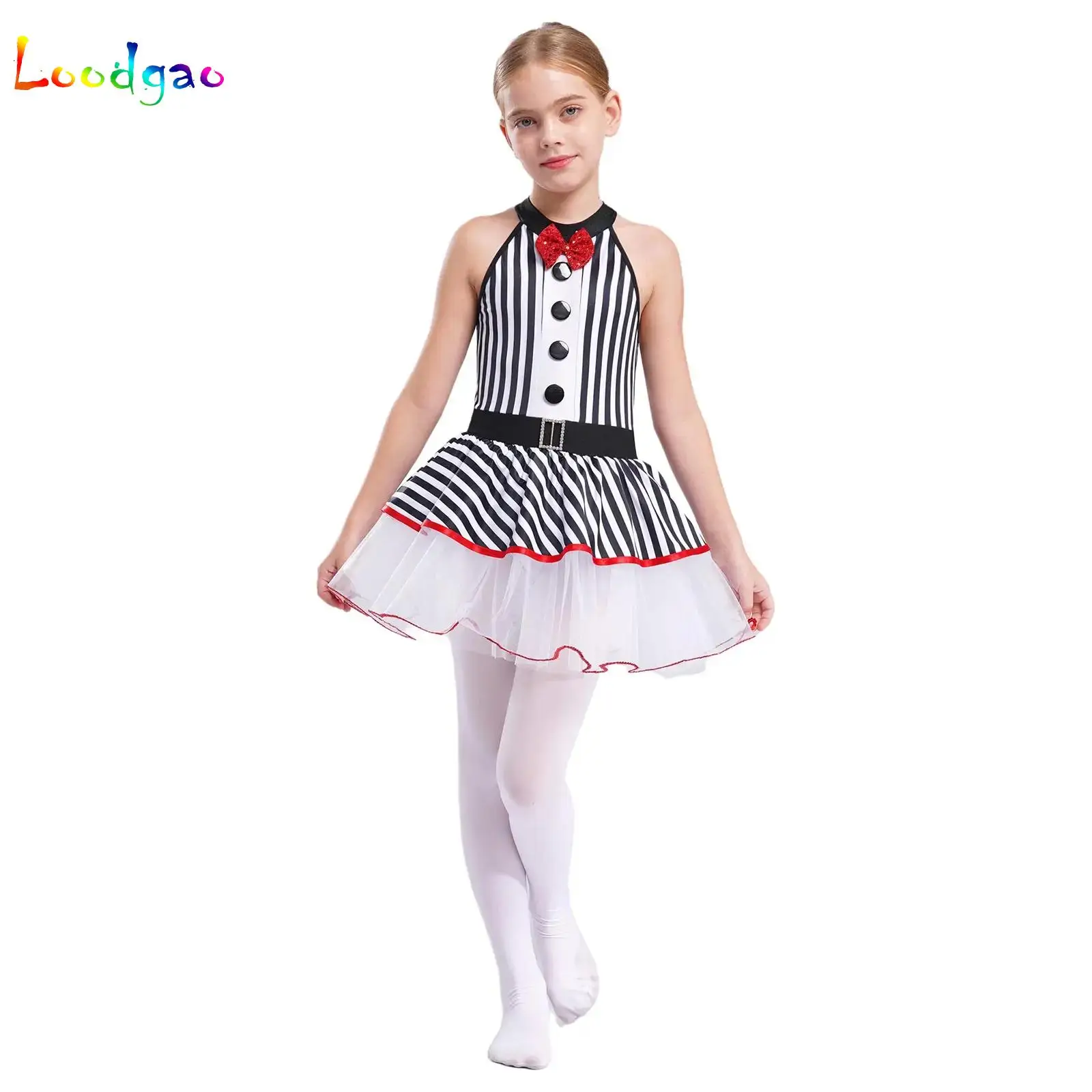 

Kids Girls Striped Puffy Dresses Halter Sequined Bowknot Ballet Dance Tutu Dress for Halloween Cosplay Party Stage Performance