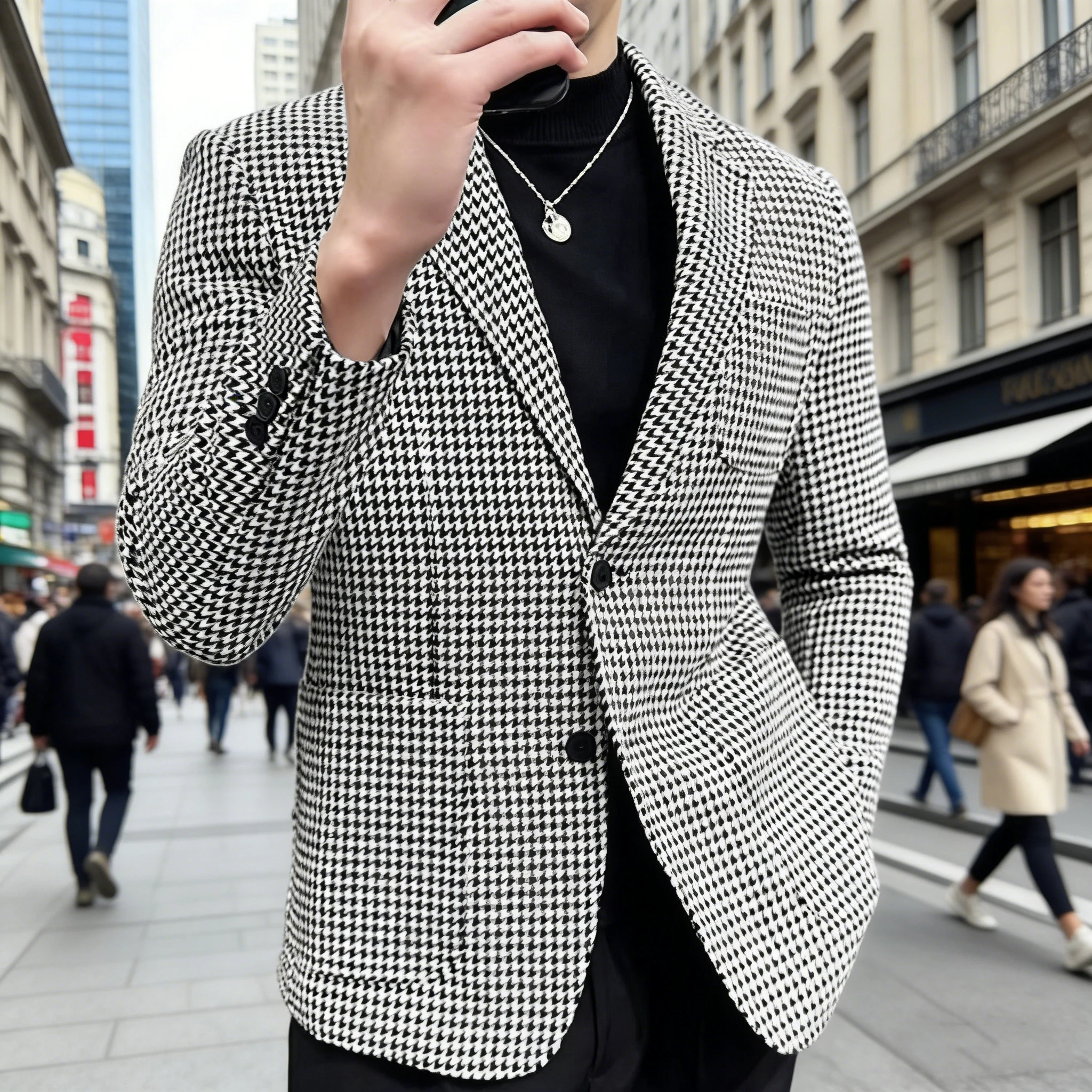 

Men's Houndstooth Blazer Slim Fit Business Casual Two Button Suit Jacket with Notched Lapel for Office Daily Wear & Street Style