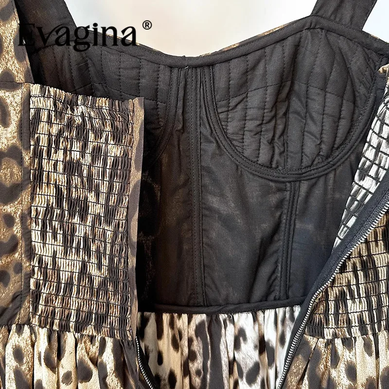 Evagina Fashion Design New Women's Leopard Print Sling Sweetheart Neck Collar cinching Waist Sexy Big Swing Temperament Dress